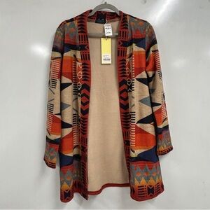 0262 Boho Aztec Open Front Cardigan | Southwestern Tribal Longline, Flowy Small